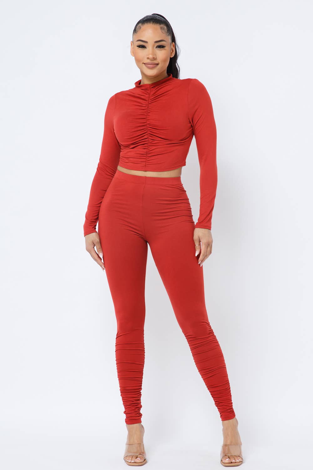 Elastic Shirring Mock Neck Top Ruched Leggings Set