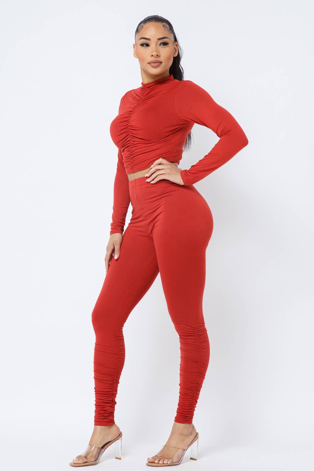 Elastic Shirring Mock Neck Top Ruched Leggings Set