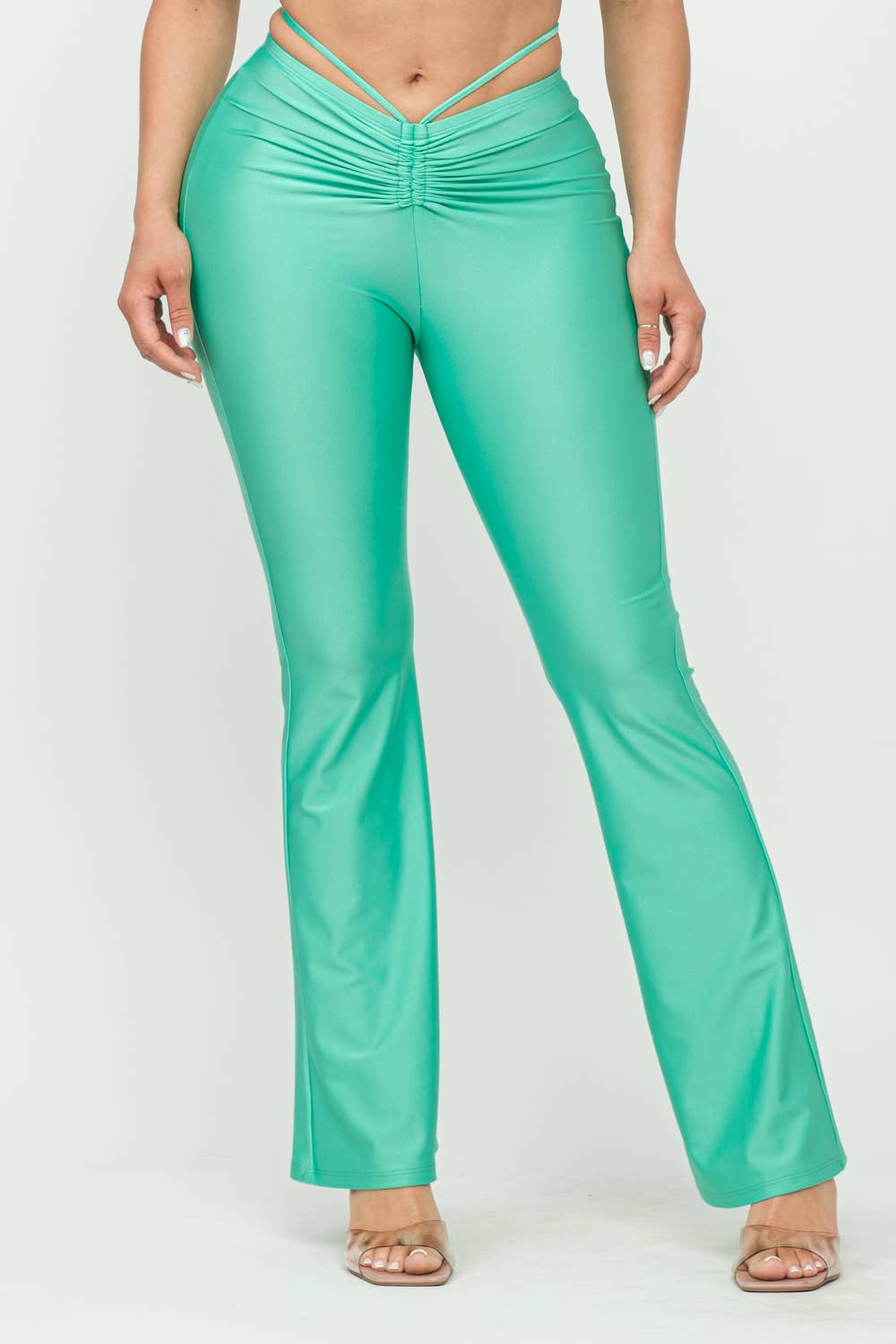 Front Tunnel Shirring Waist Tie Flare Pants