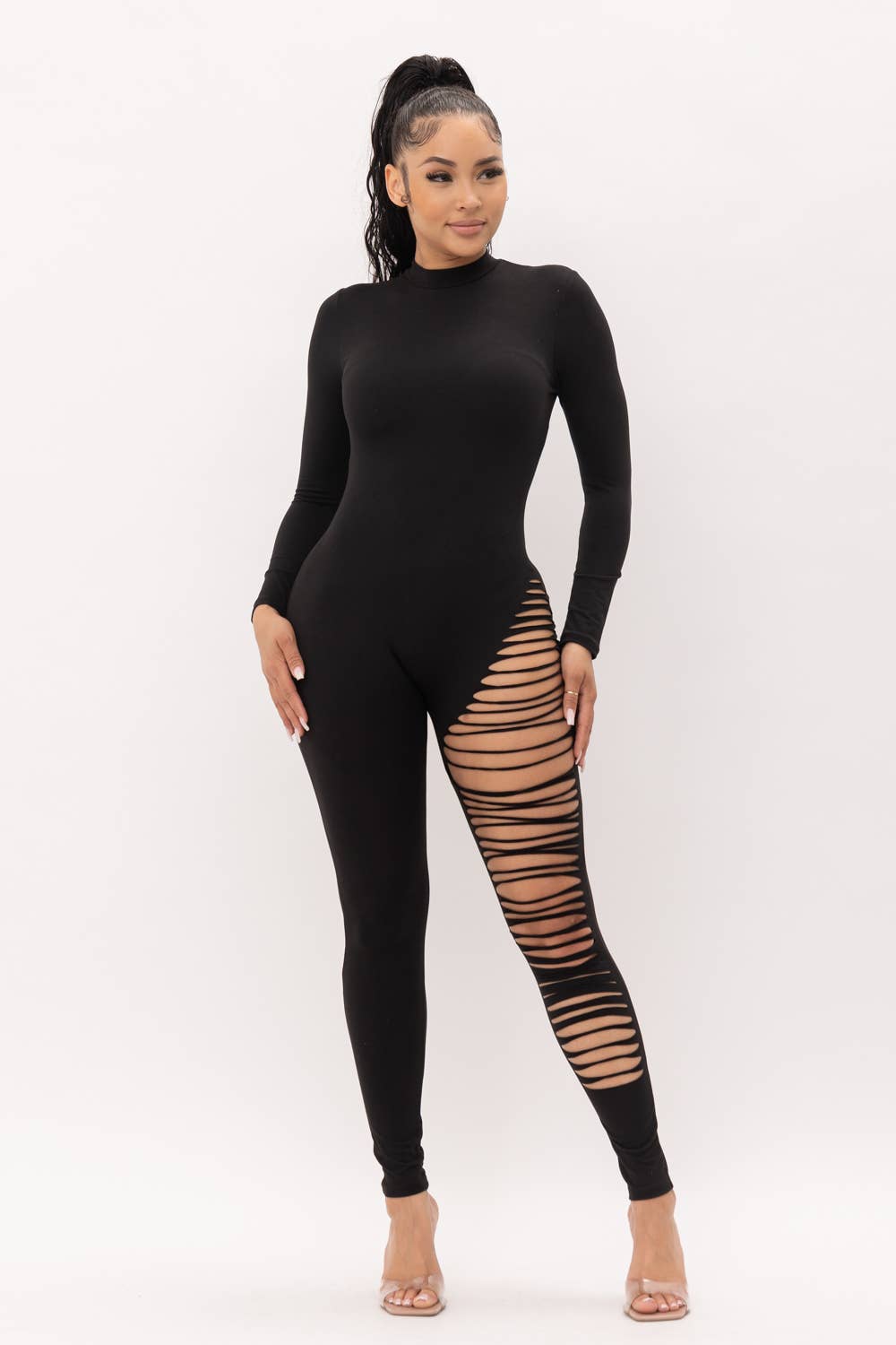 Mock Neck One Leg Laser Cut Long Sleeve Jumpsuit