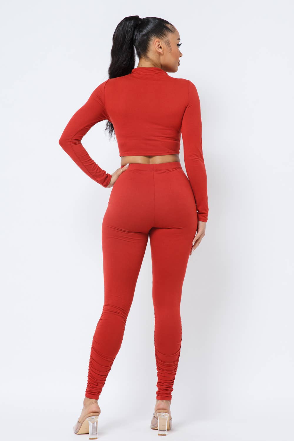 Elastic Shirring Mock Neck Top Ruched Leggings Set