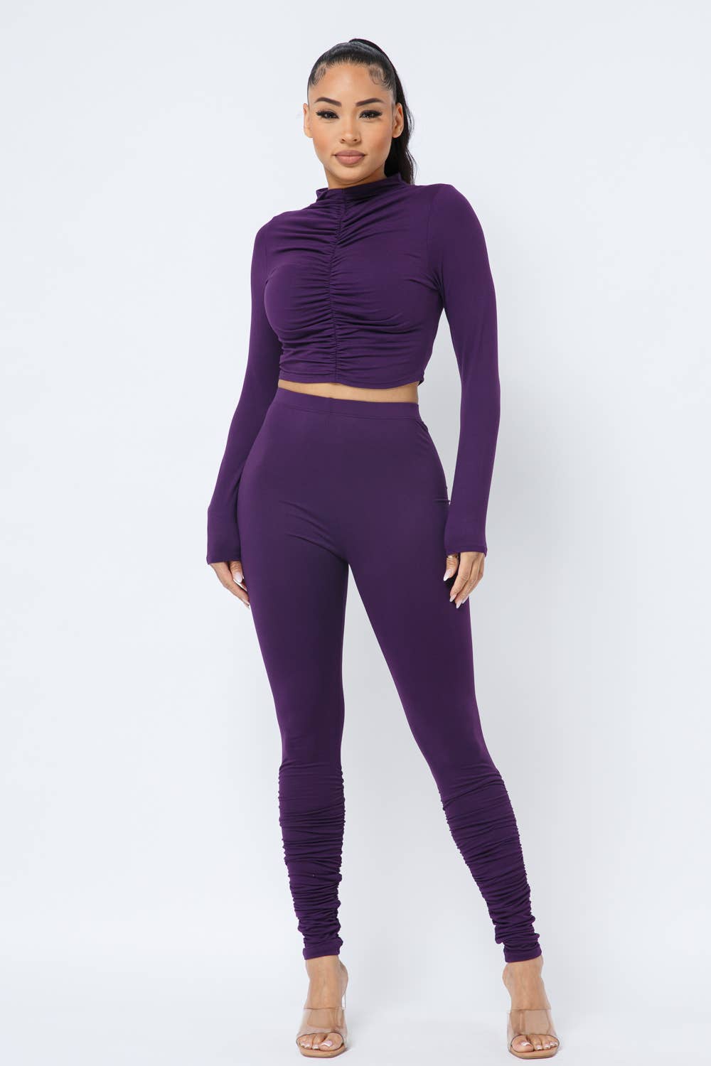 Elastic Shirring Mock Neck Top Ruched Leggings Set