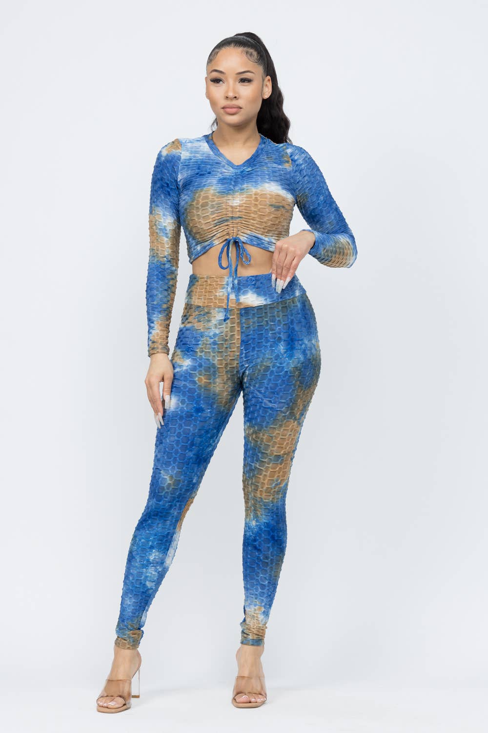 Honeycomb TieDye Shirring Tie Top And Leggings Set