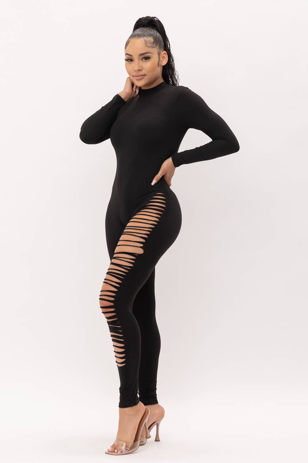 Mock Neck One Leg Laser Cut Long Sleeve Jumpsuit