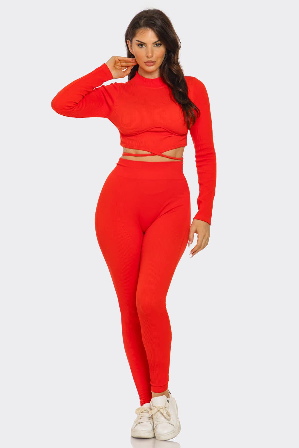 Plus Front Waist Back Tie Top And Leggings Set