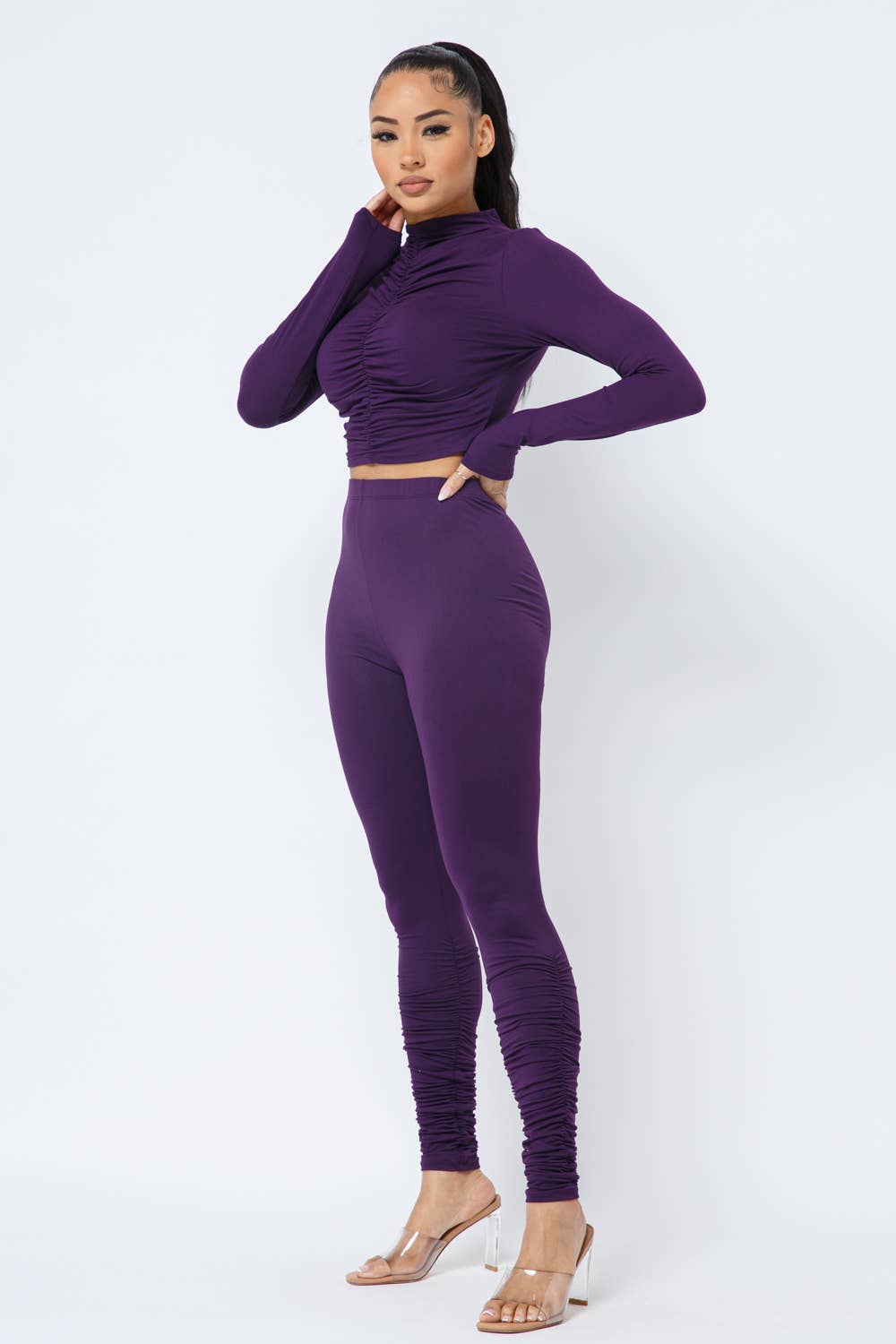 Elastic Shirring Mock Neck Top Ruched Leggings Set