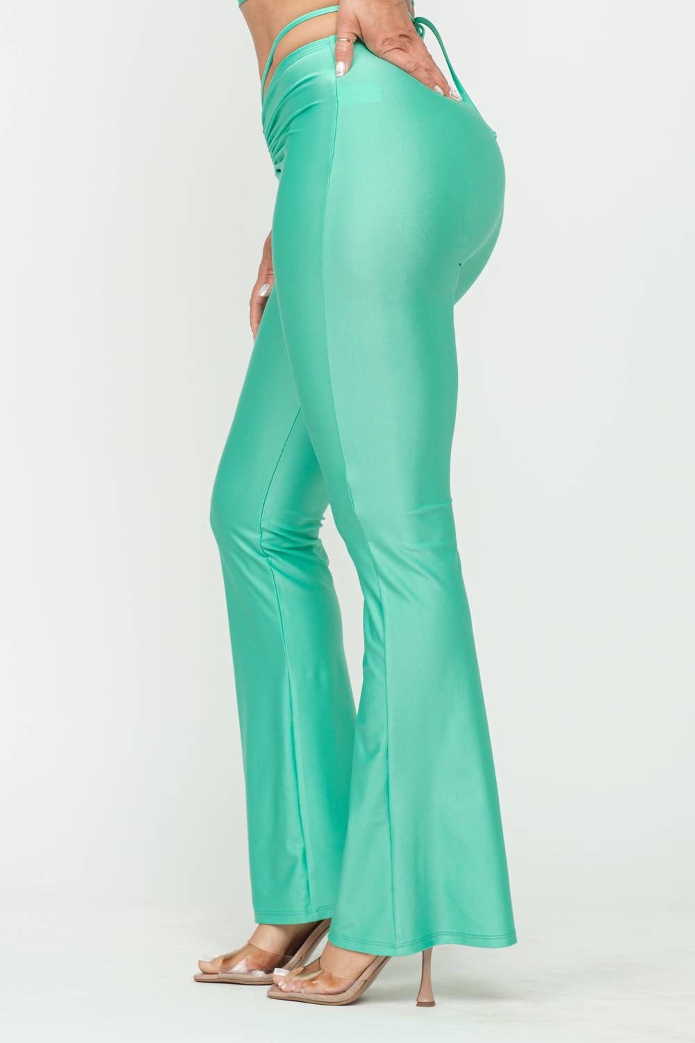 Front Tunnel Shirring Waist Tie Flare Pants