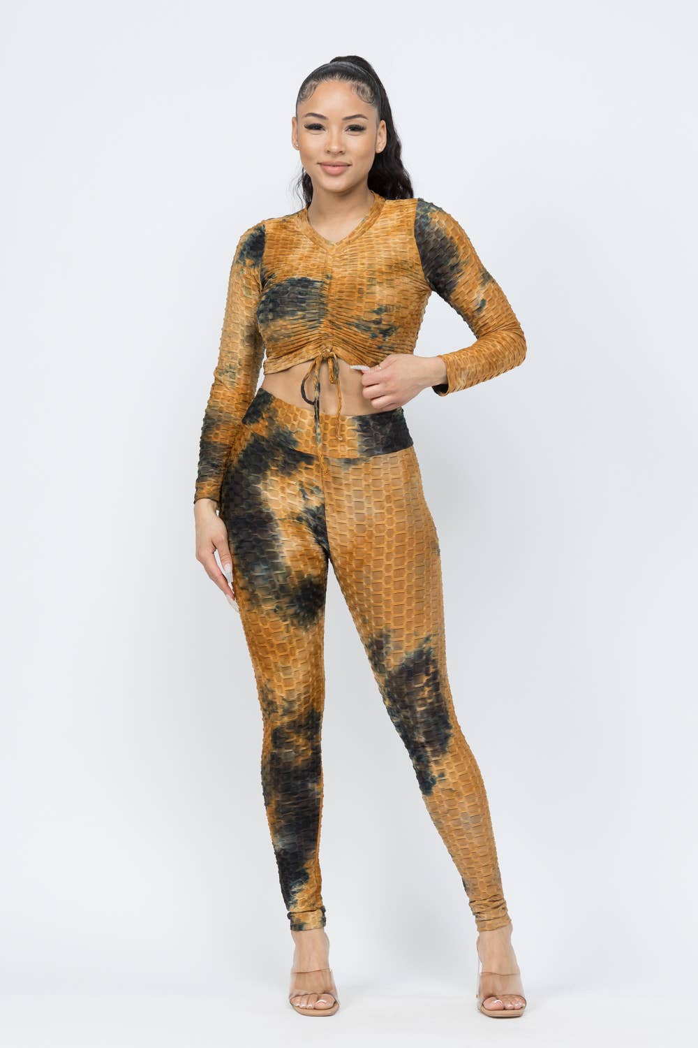 Honeycomb TieDye Shirring Tie Top And Leggings Set