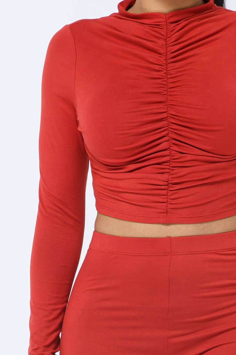 Elastic Shirring Mock Neck Top Ruched Leggings Set