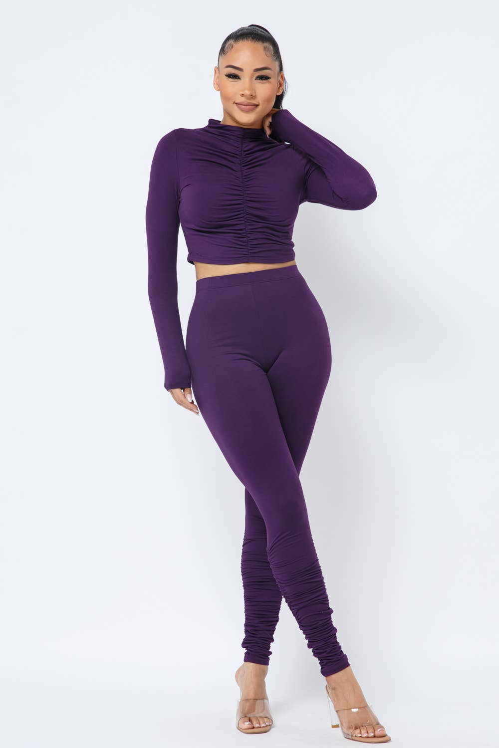 Elastic Shirring Mock Neck Top Ruched Leggings Set