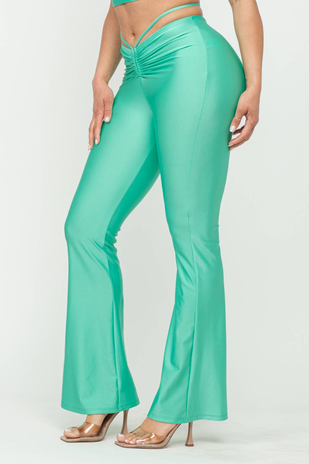 Front Tunnel Shirring Waist Tie Flare Pants