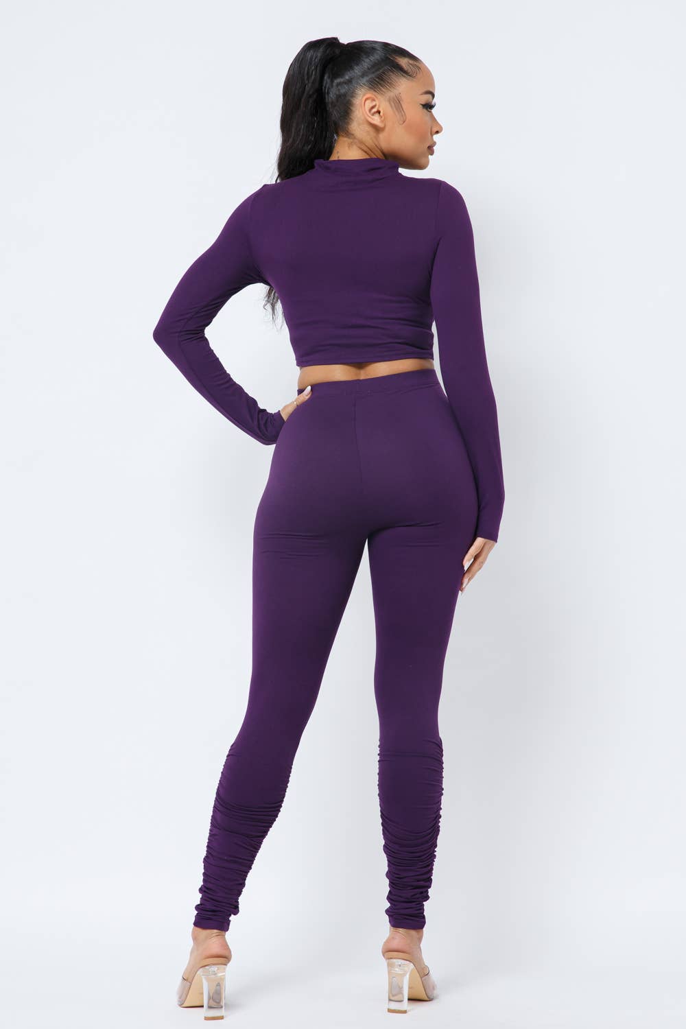 Elastic Shirring Mock Neck Top Ruched Leggings Set