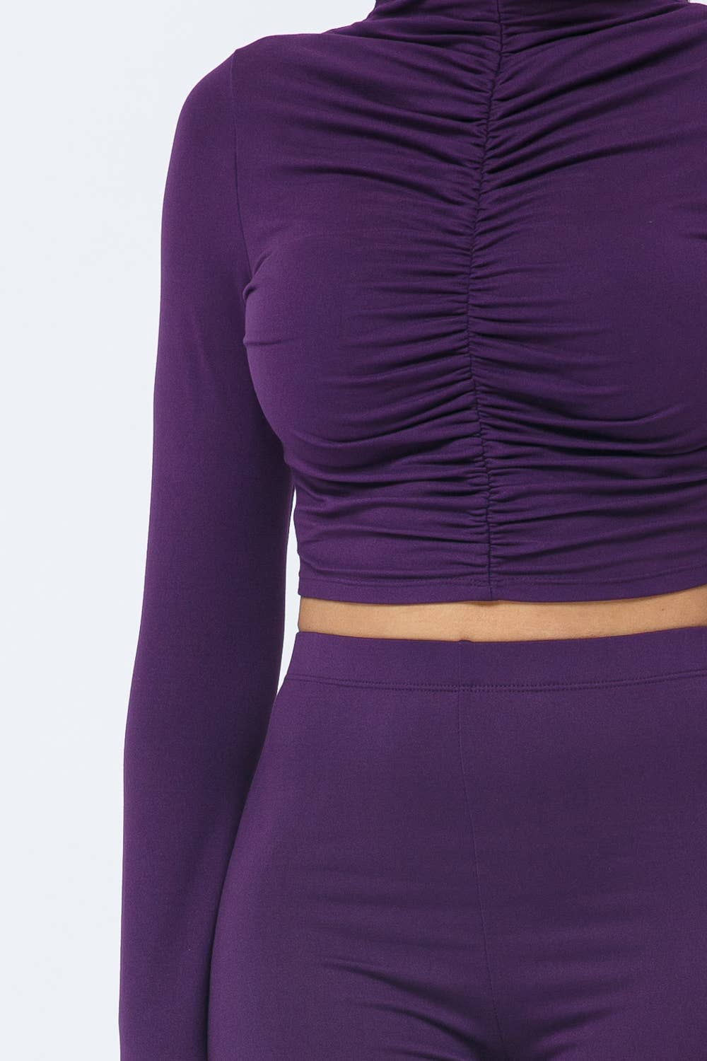 Elastic Shirring Mock Neck Top Ruched Leggings Set