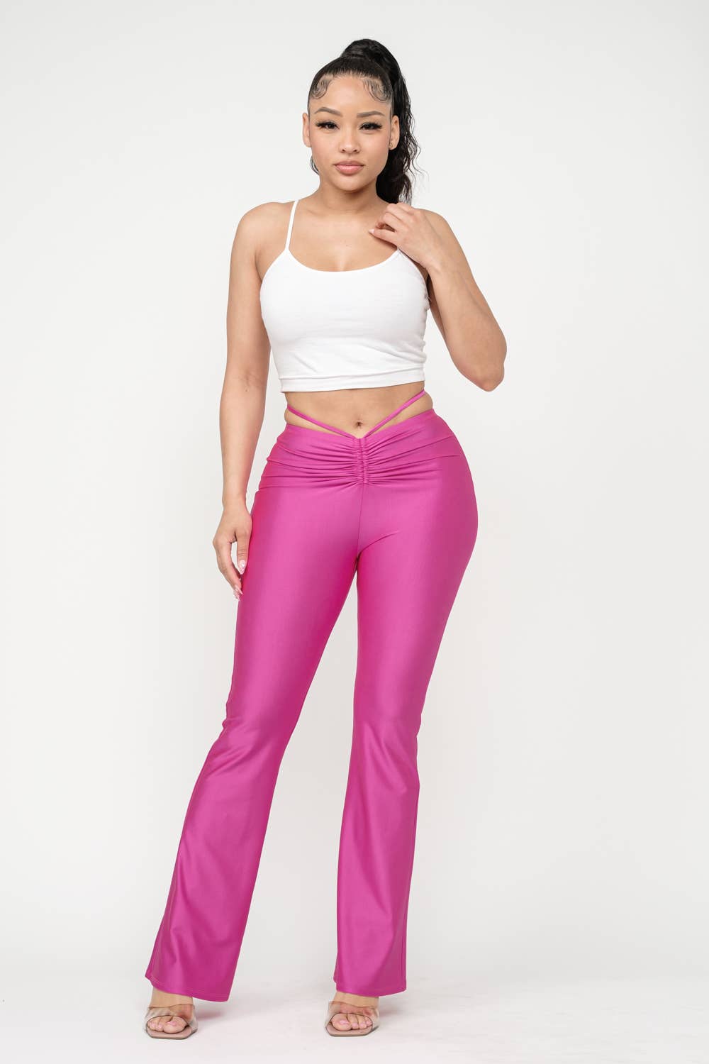 Front Tunnel Shirring Waist Tie Flare Pants