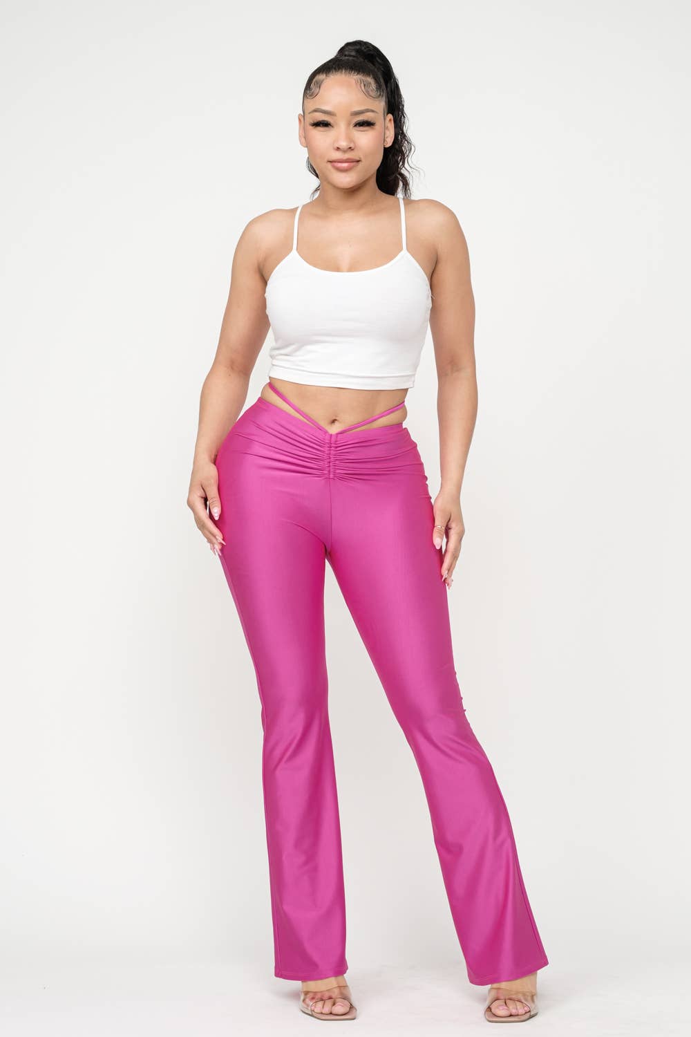 Front Tunnel Shirring Waist Tie Flare Pants