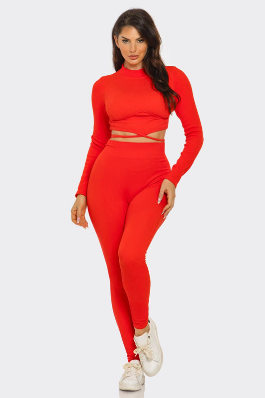 Plus Front Waist Back Tie Top And Leggings Set
