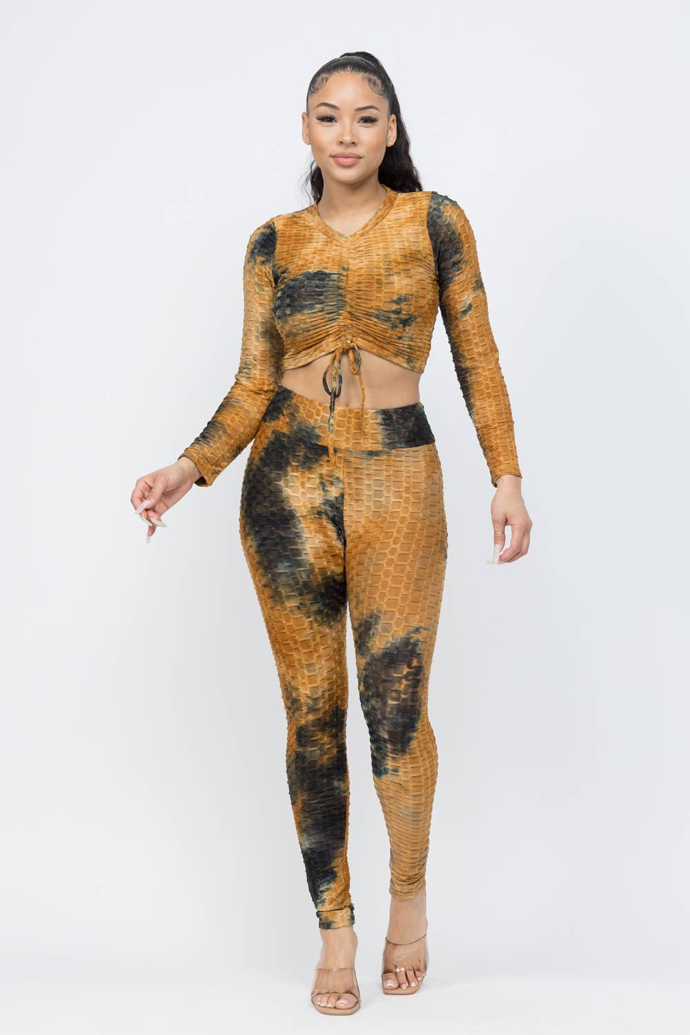 Honeycomb TieDye Shirring Tie Top And Leggings Set